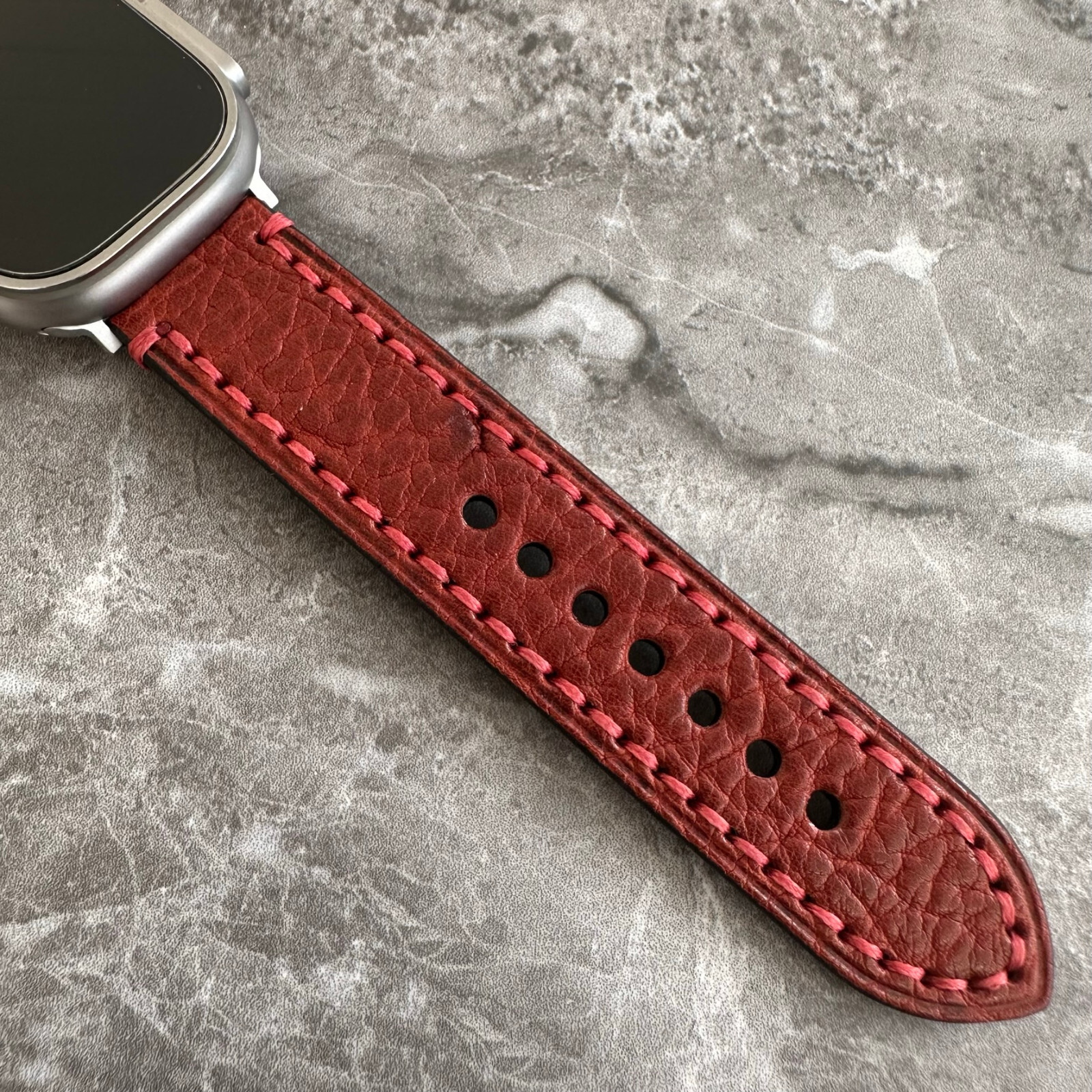 Premium Thick Red Lychee Leather Watch Strap Band For Apple Watch Ultra 1 2 49mm