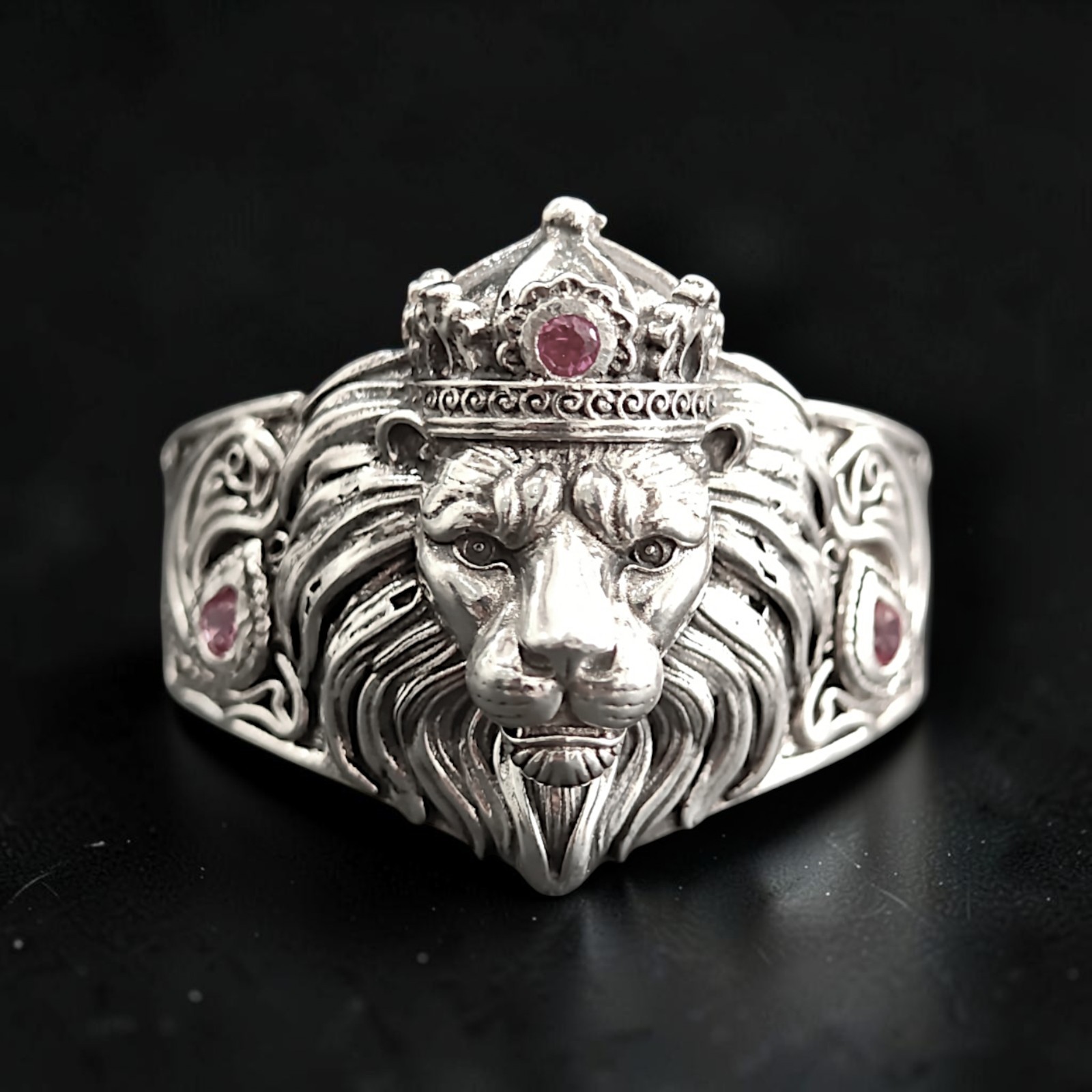 Men’s 925 Sterling Silver Crown Lion Ring, Ruby Lion Head Ring, King Signet Ring