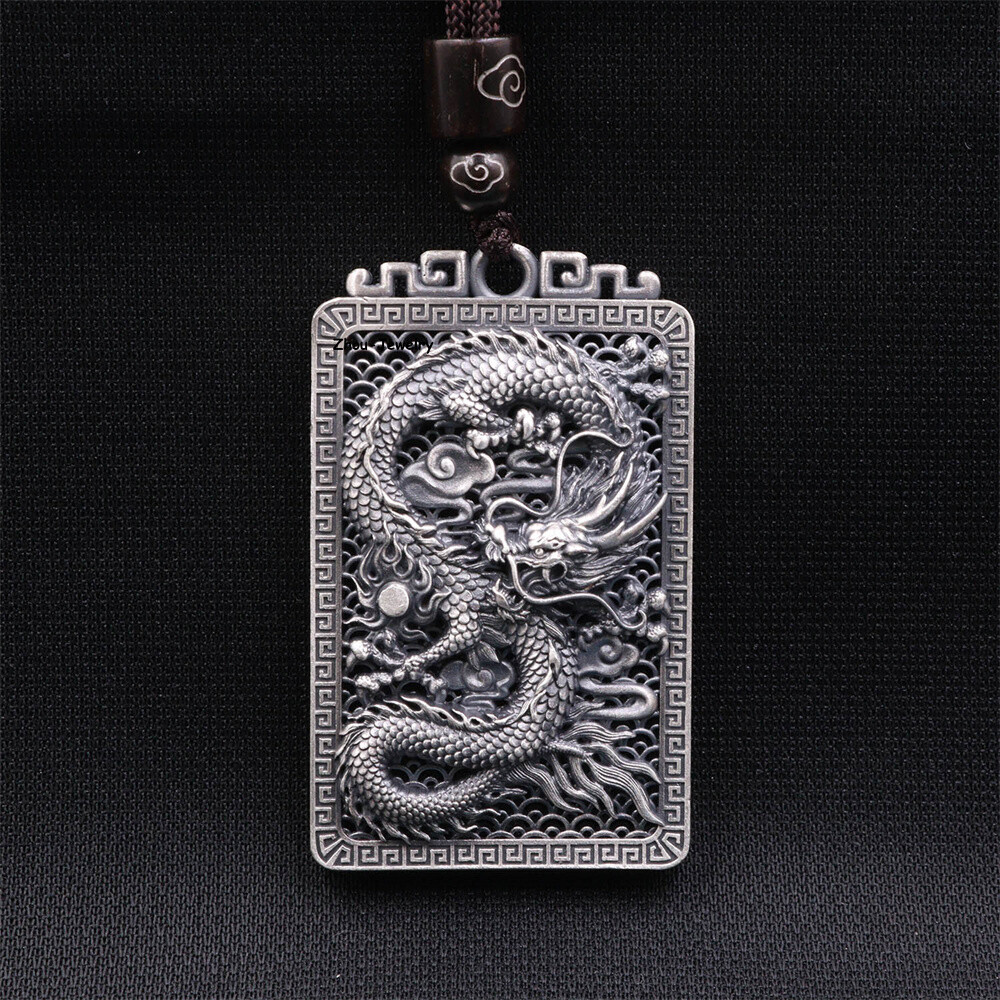 Pure S999 Sterling Silver Pendant Men Women Hollow Dragon Pendant 20-21g 50*31mm