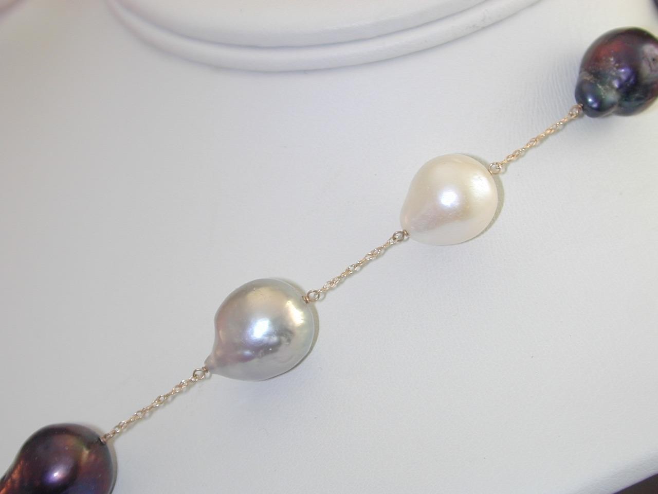 Vintage 14-18mm Gray Black White Baroque Pearl V Necklace 14k 17.75” Tahitian