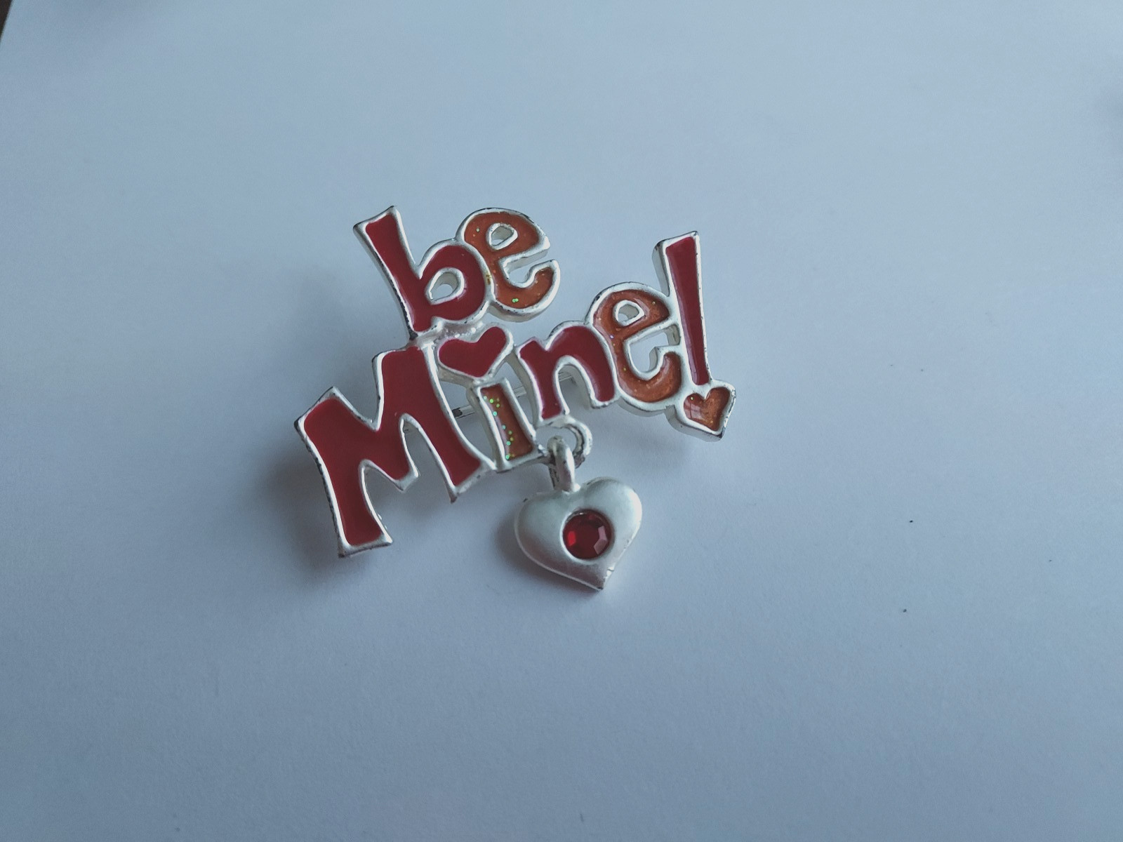 Rhinestone Valentine Pin “Be Mine” Signed AJMC Silver Tone Metal Vintage