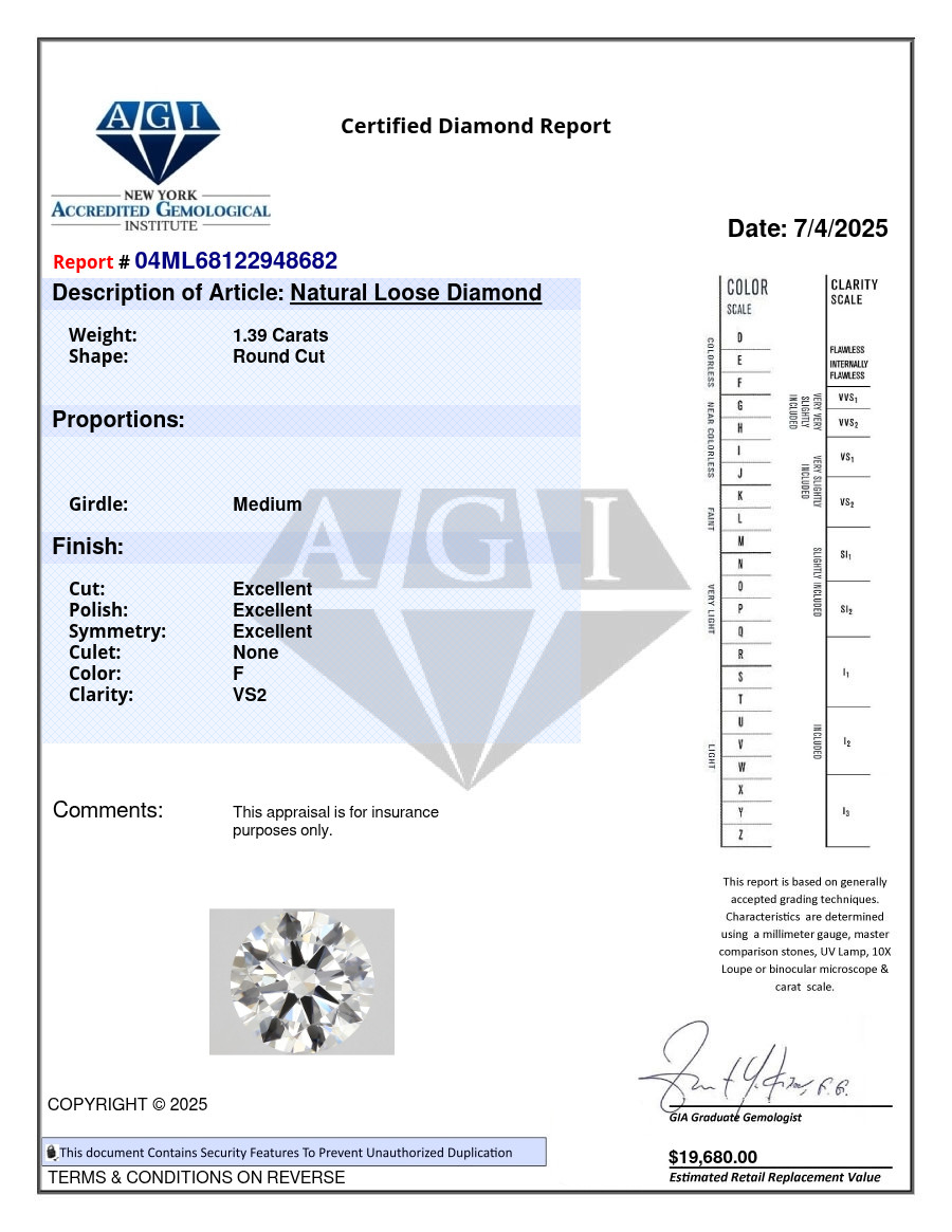 Round 1.39 Carat Cert. AGI Natural Mined Diamond Loose F color VS2 clarity