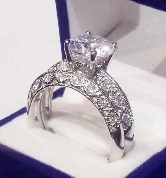 Luxury Art Deco Style 3Ctw Round Cut Created Diamond Silver Wedding Ring Set 2pc