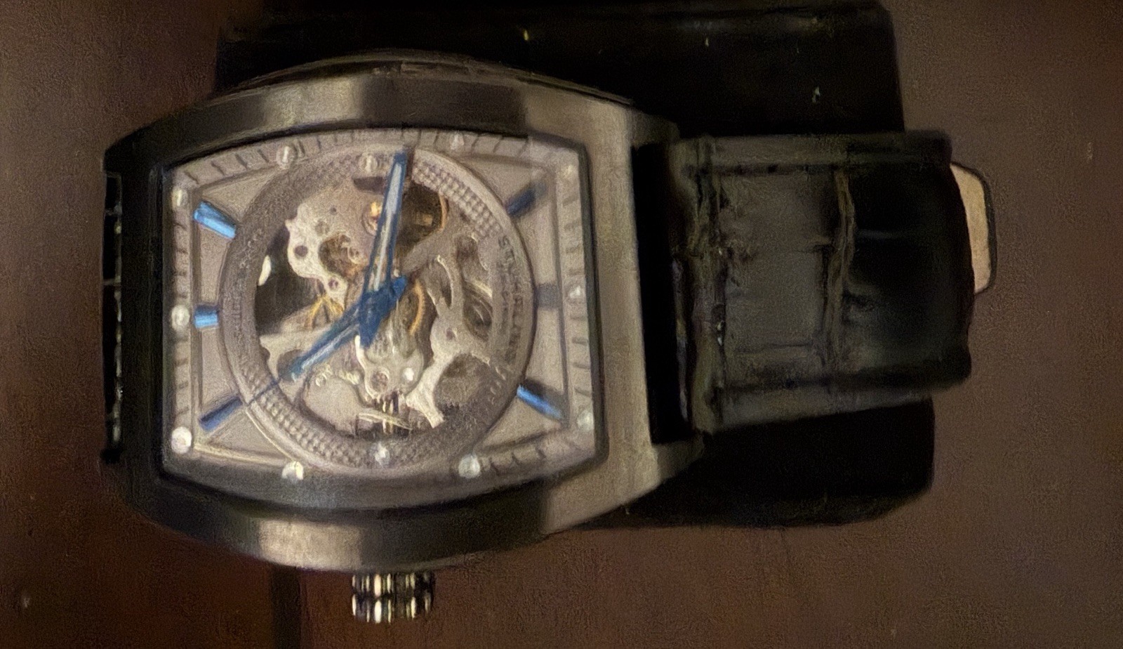 Men’s Skeleton Dial Analog Wristwatch Tonneau Silver Case Black Leather Strap