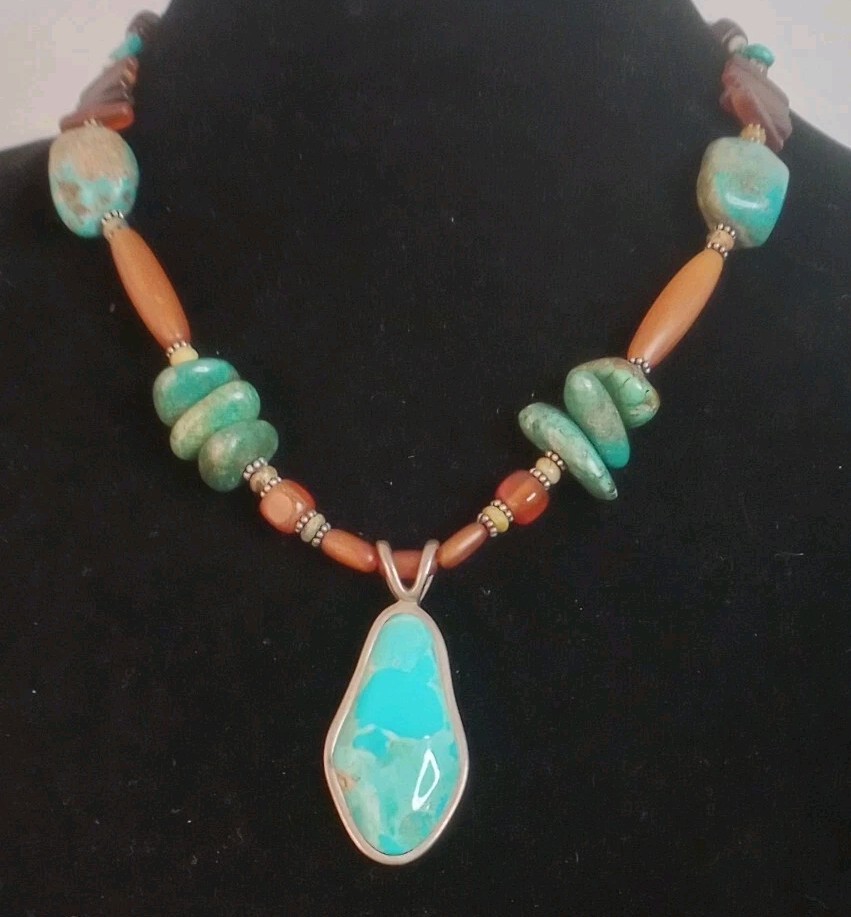 Signed BARSE .925 Sterling Silver Turquoise & Amber Necklace 52.55 Grams 18″ L