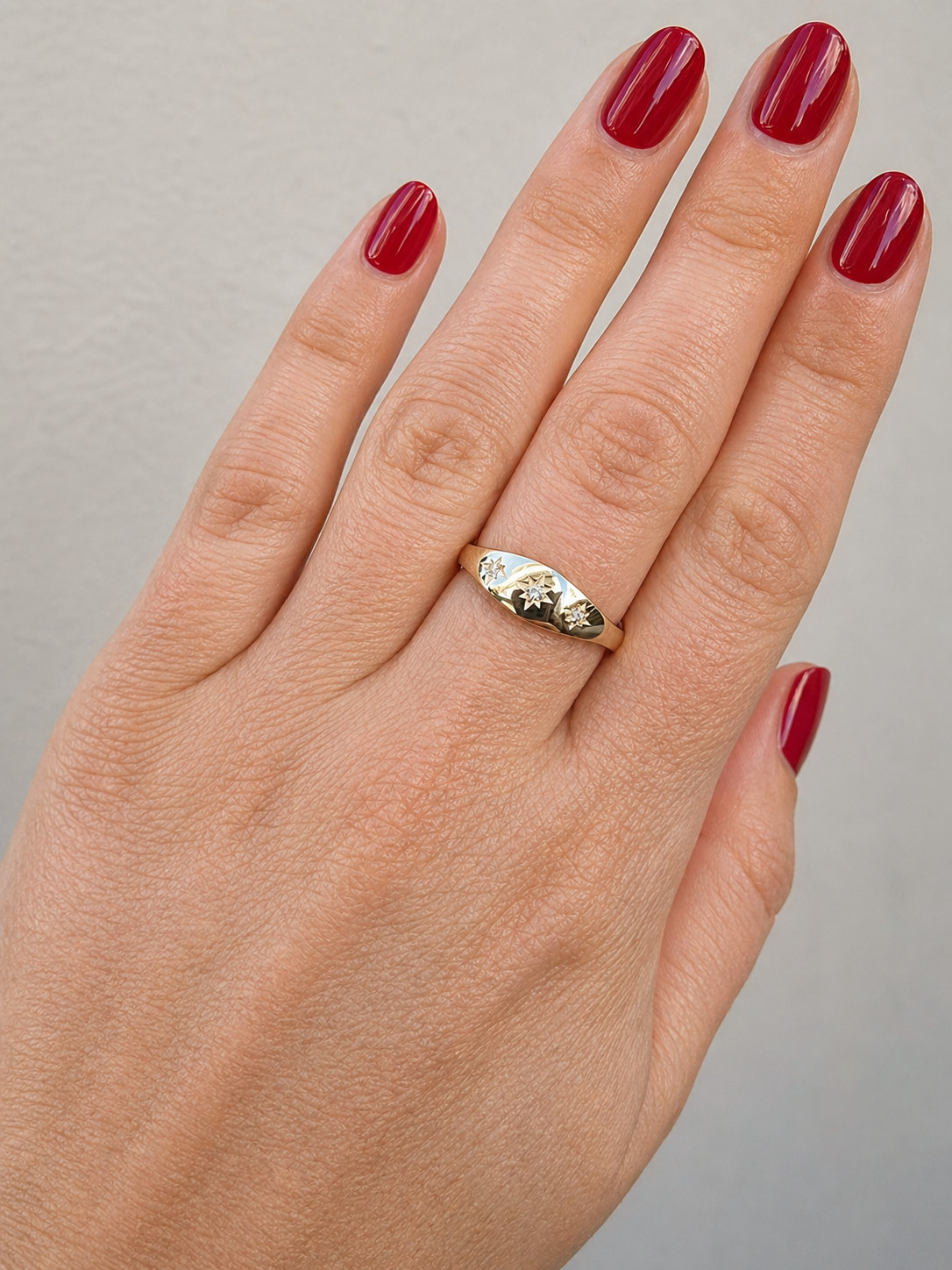 9k Solid Gold Starburst Signet Ring: Cubic Zirconia Polaris Ring