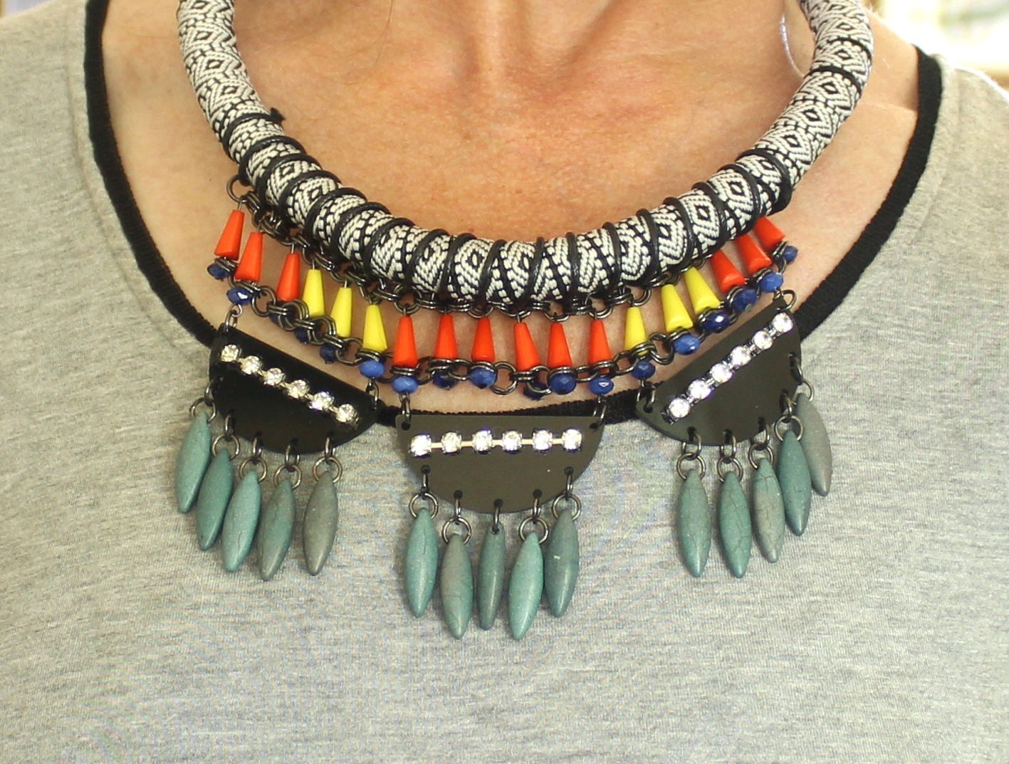 Ethnic Tribal Flexible Designer Adjustable Necklace; Repurposed Materials
