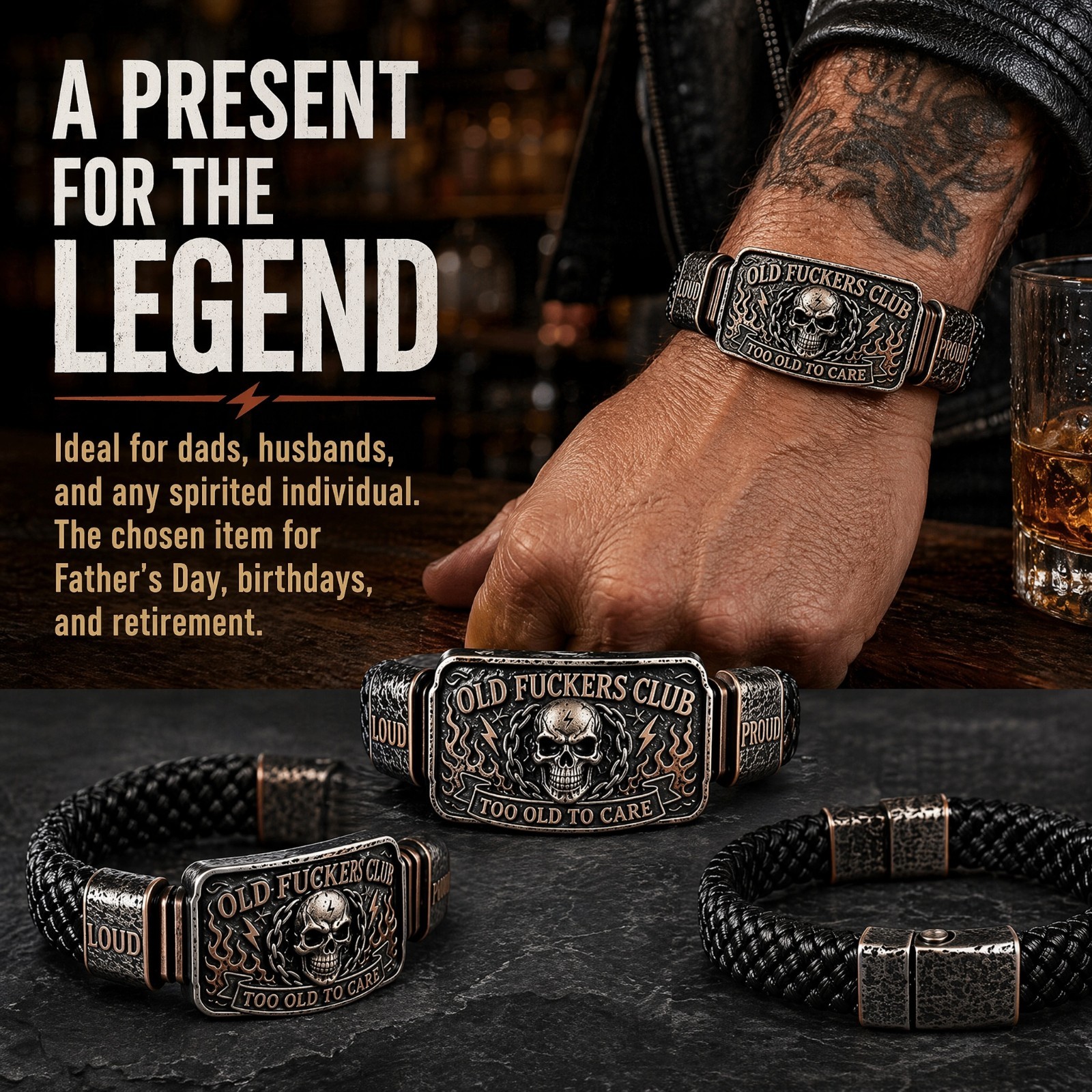 Old Fokers Club Skull Flame Biker Braided Bracelet, Gift for Dad Biker Men