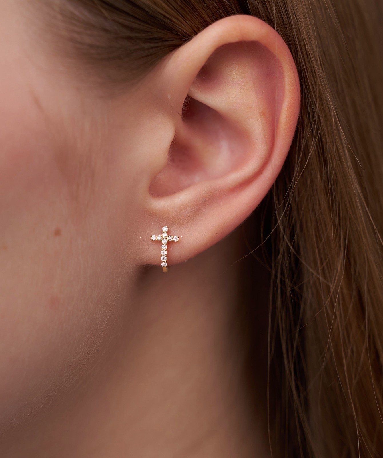 Round Cut Lab Grown Diamond 14K Solid Gold Cross Huggie Hoop Earrings For Woman