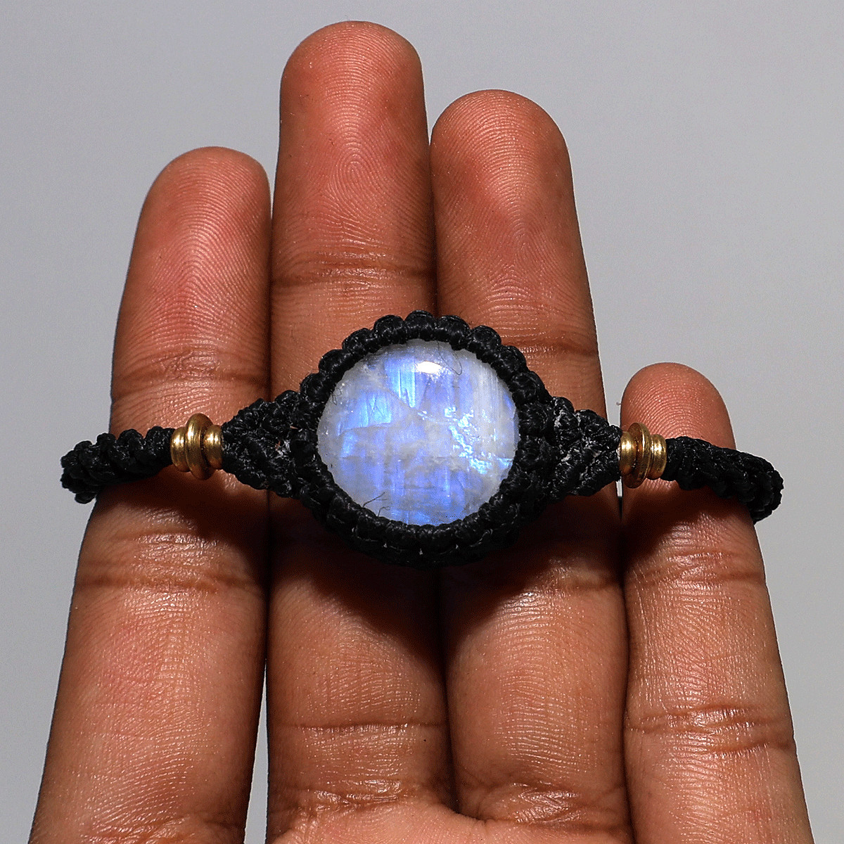 Blue Fire Rainbow Moonstone Macramé Bracelet – Handmade Lunar Glow Wrist Jewelry