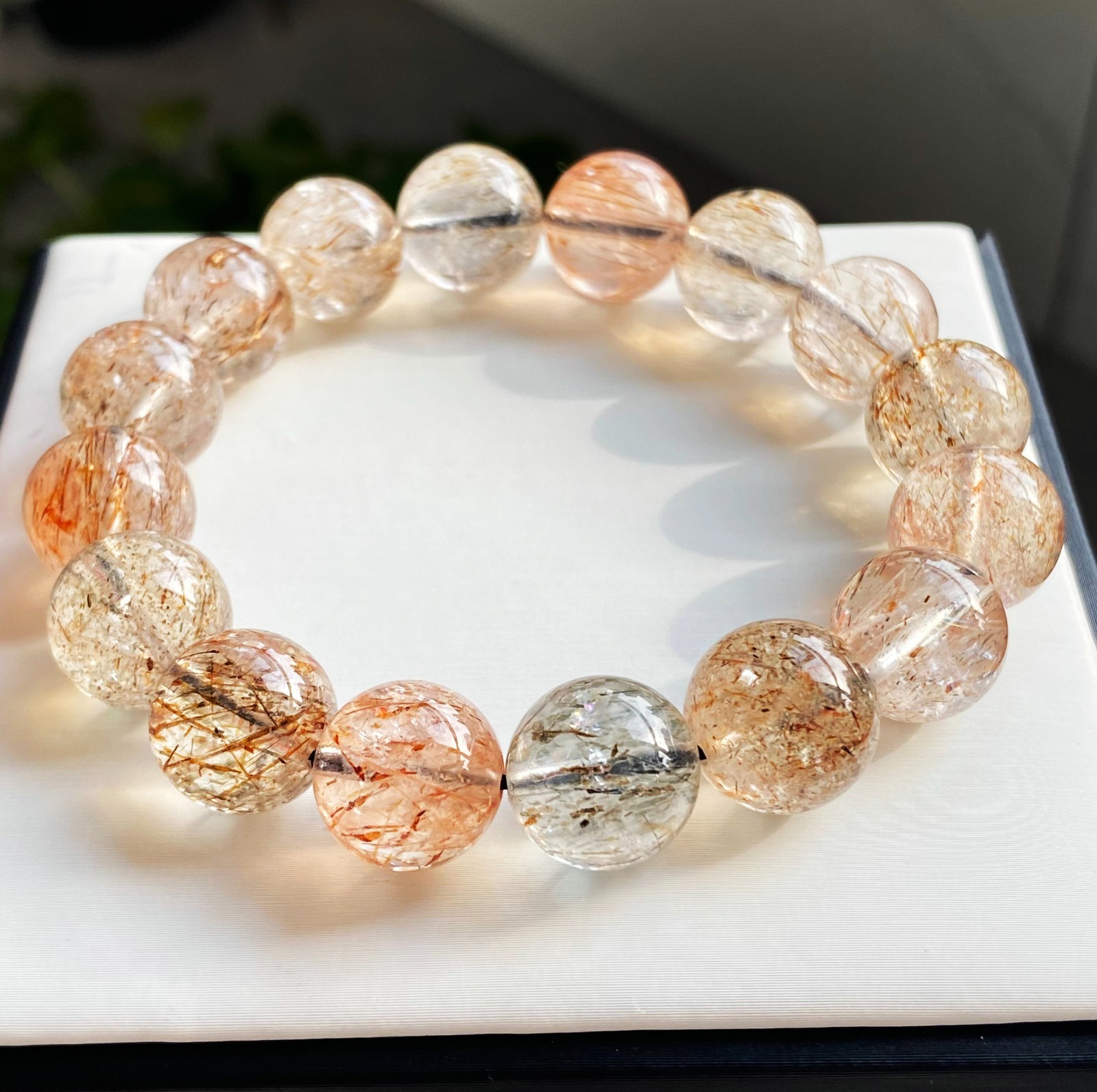13-13.7mm Natural Black Gold Rutilated Super 7 Quartz Crystal Bracelet 2679