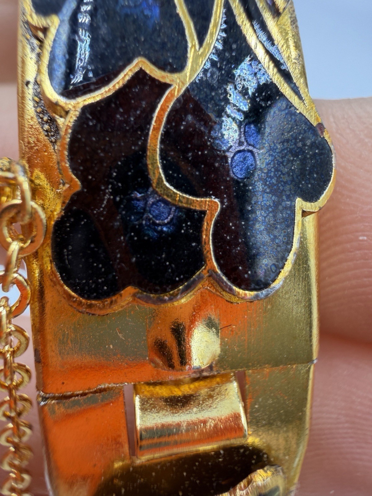Vintage Bracelet Bangle Enamel Blue Floral Abstract Purple Hinged Push Lock