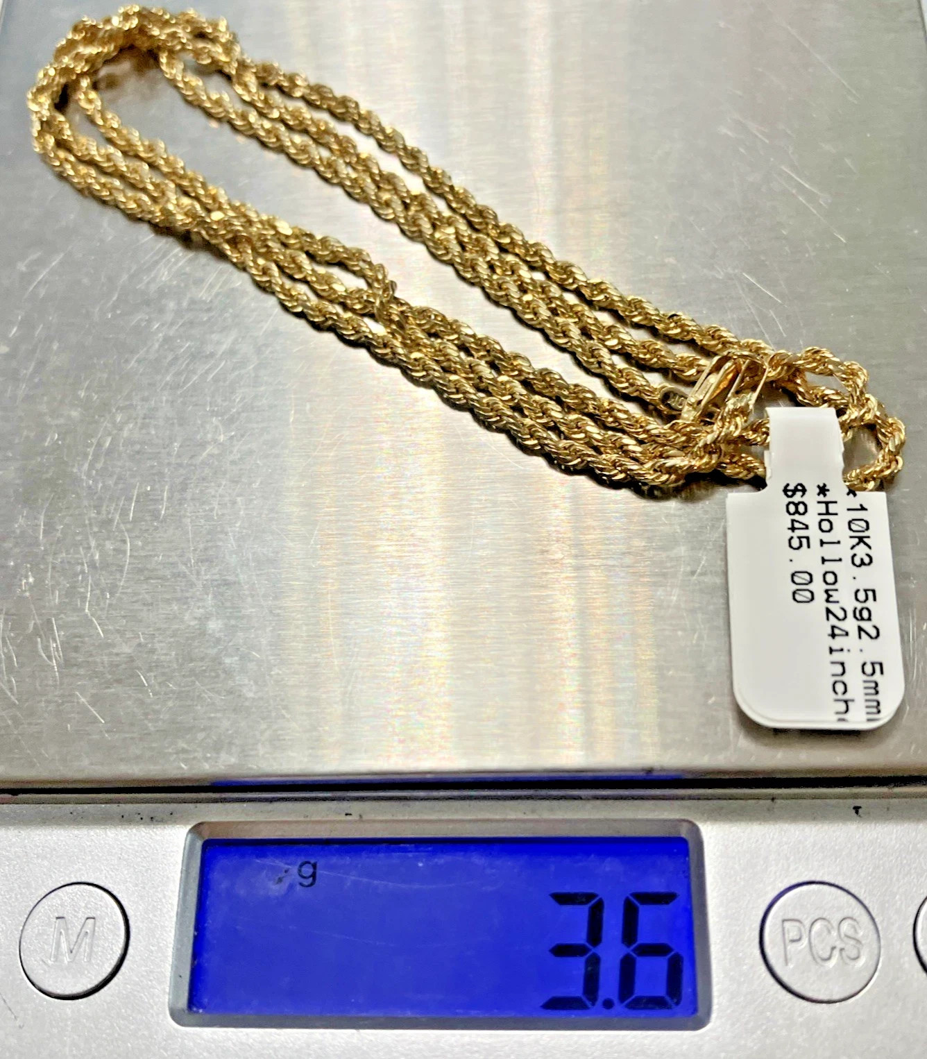 10kt Real Gold Rope Hollow Chain 3.5Grams 2.5mm 24” Necklace GND Brand NWT 10K