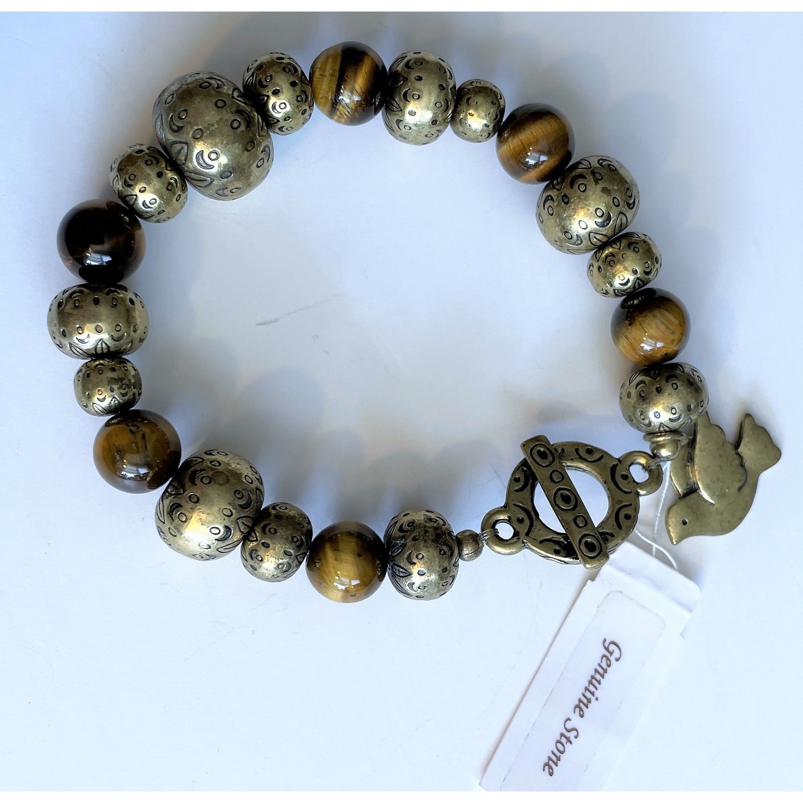 Brass and Brown Genuine Stone Stretch Bracelet Dove Hanging Charm NWT