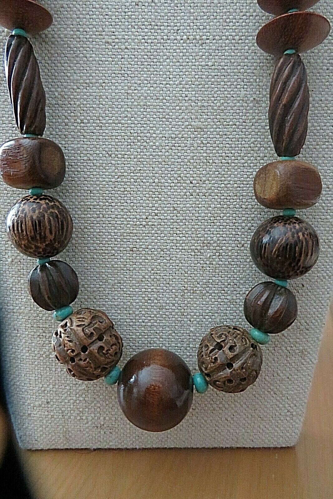 TURQUOISE & Wood ARTISAN 23.5″, 60 cm. Handmade Beaded Necklace, Original, New