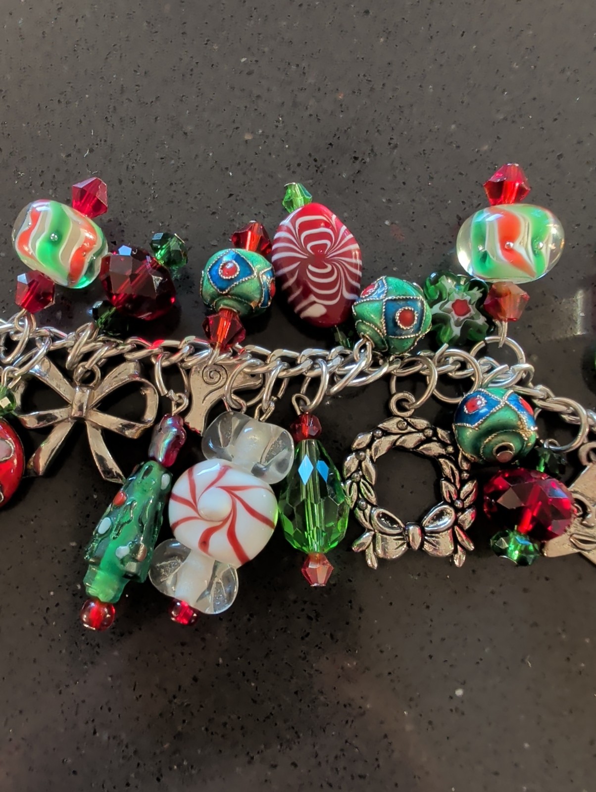 Multicolor Lampwork Art Glass Cloissone Charm Bracelet Silver Tone 7″ Loaded T5