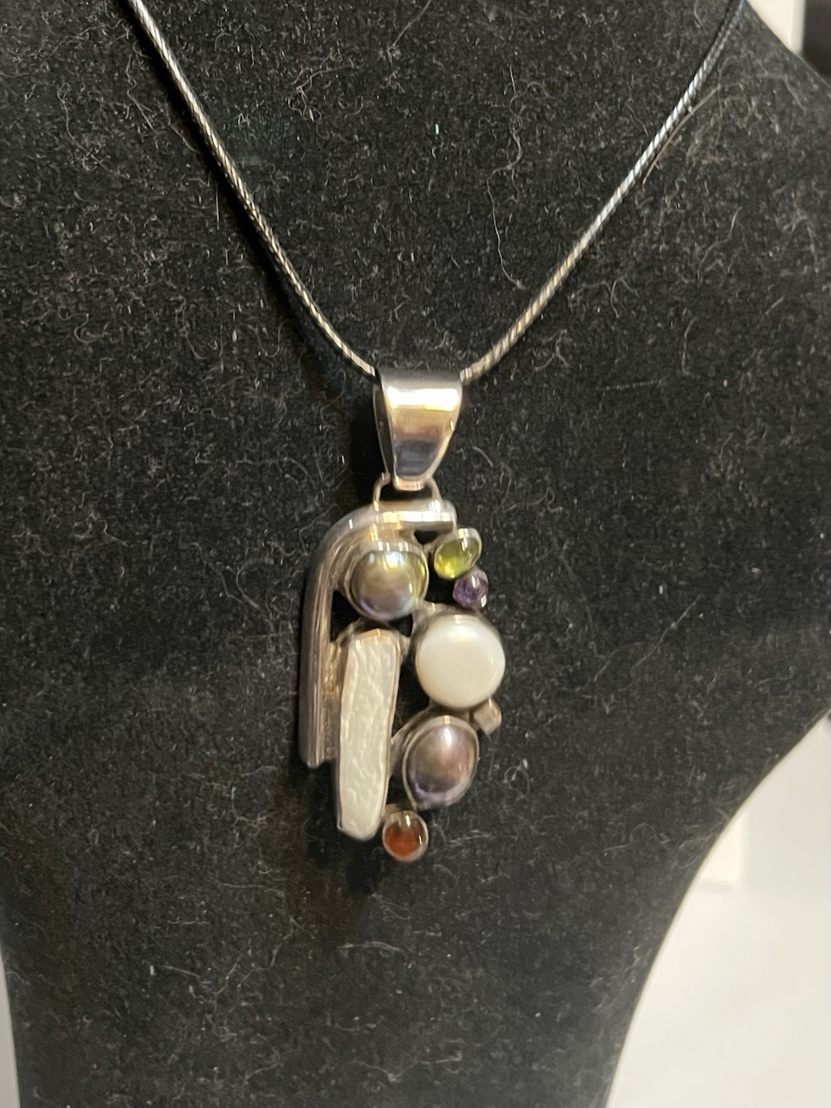 vintage style multi gem sterling silver pendant on 24 inch long black cord.new