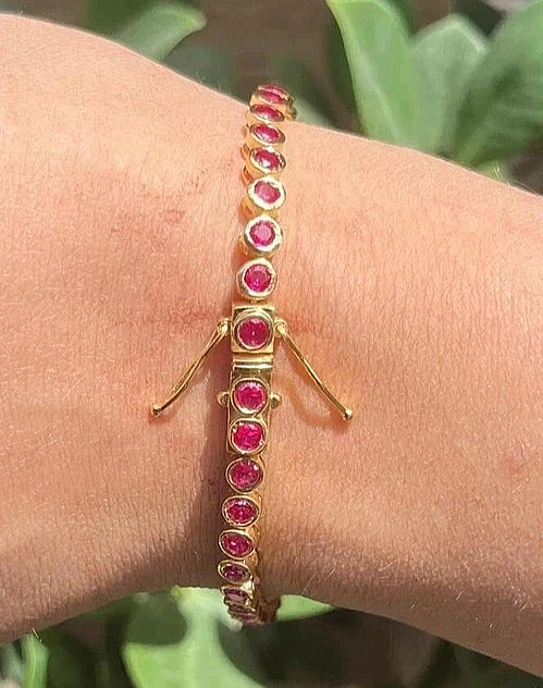 9Ct Round Lab-Created Red Ruby Tennis Bracelet 14K Yellow Gold Plated 7.5inch