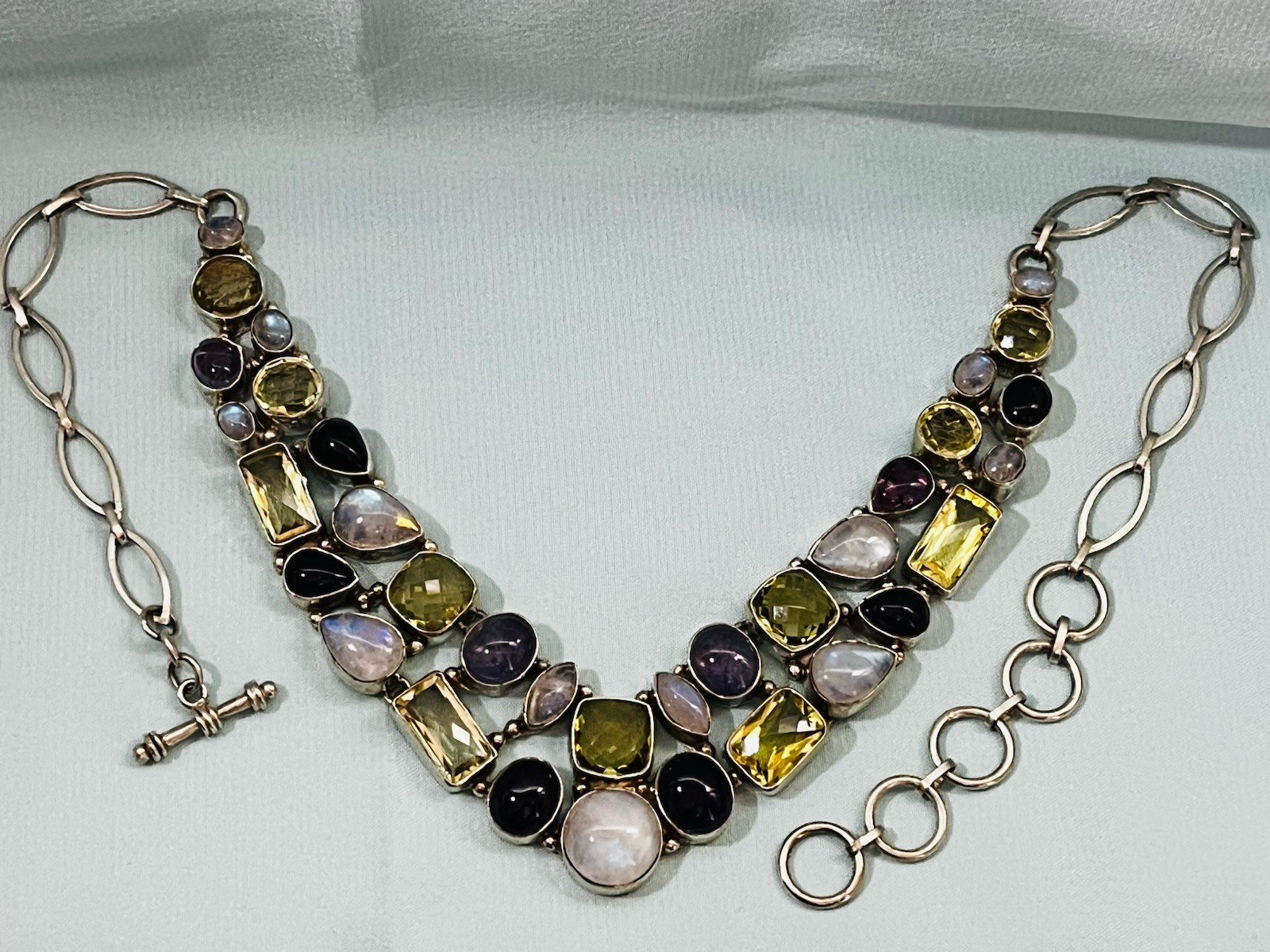 Sterling Silver Multi-gem Moonstone Tourmaline Amethyst Necklace Healing 96 Gram