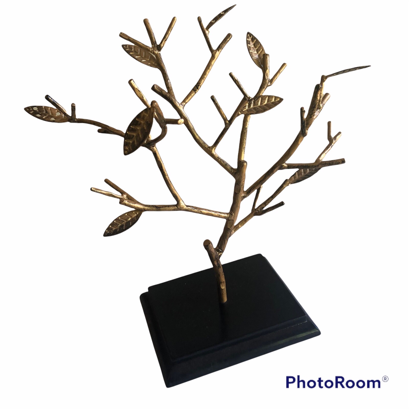 Gold Tone Metal Tree Stand Resin Base Jewelry Organizer Home Decor 12x11x5”