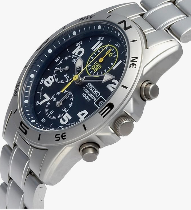 Seiko SND379P Men’s Silver Quartz Chronograph Navy Dial Reverse Import Watch 100