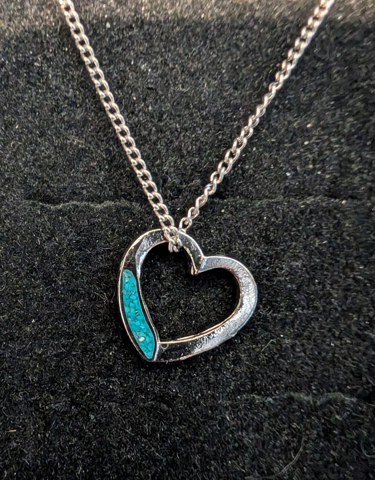 Vintage Nickle Silver Necklace Heart Resin Filled Turquoise