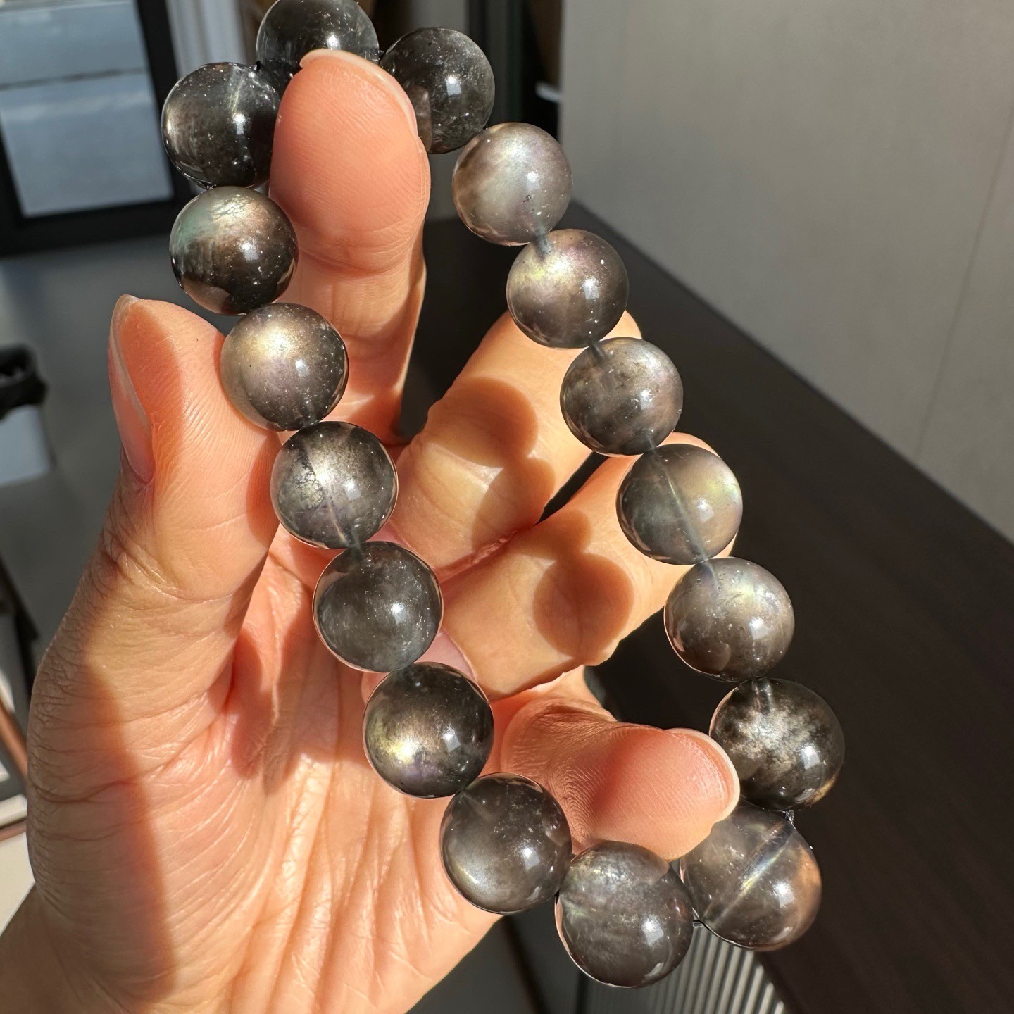 11.6mm Natural Black Mica Aquamarine Gemstone Crystal Beads Bracelet AAA