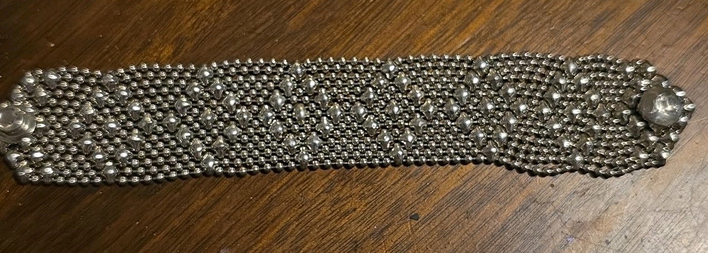 Wide Silver Metal Mesh Cuff Bracelet, Ball/Bead Chain, Snap Closure
