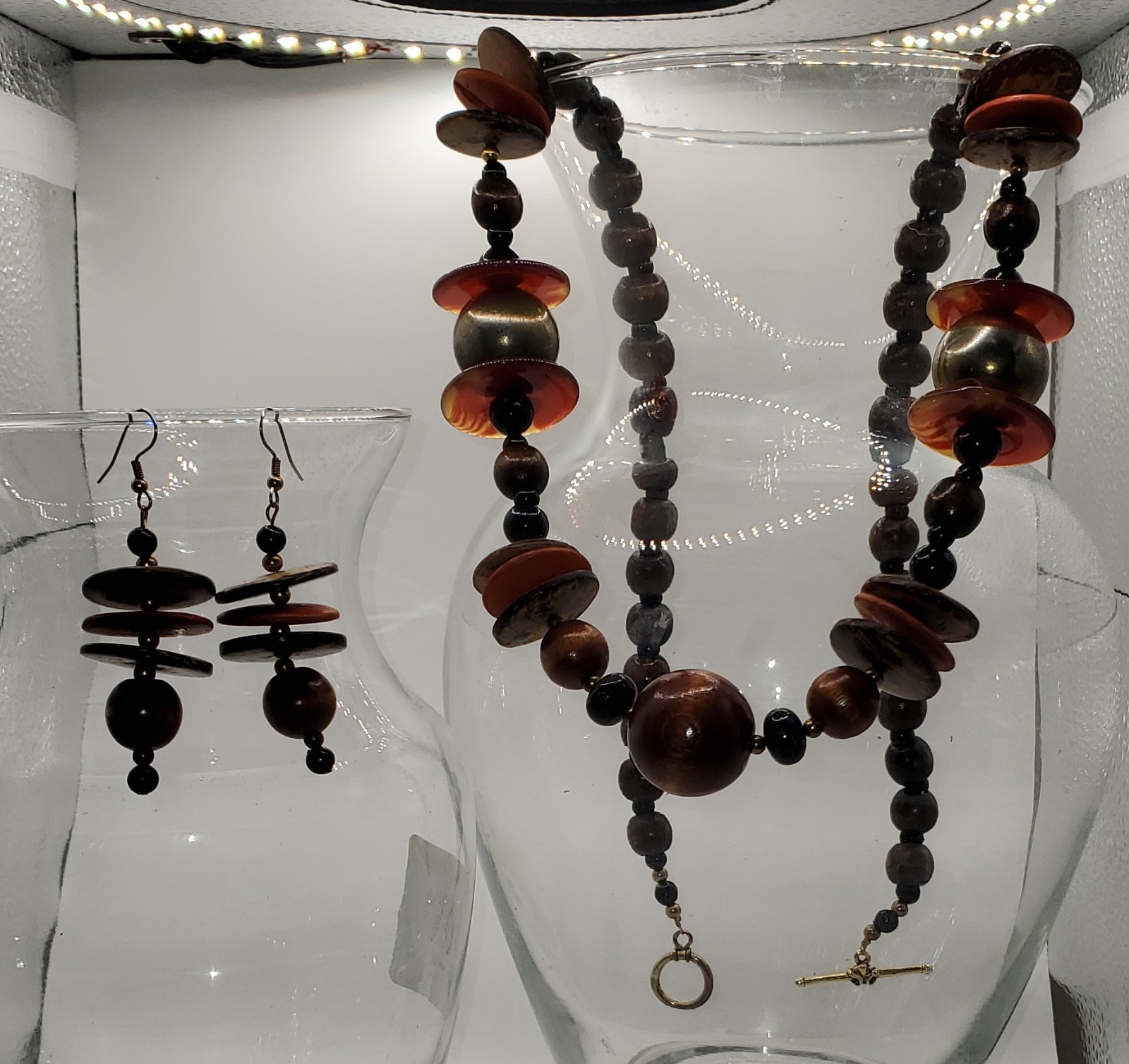Vintag Boho Chunky Wood Bead Statement Necklace & Earrings Set Orange Brown Disc