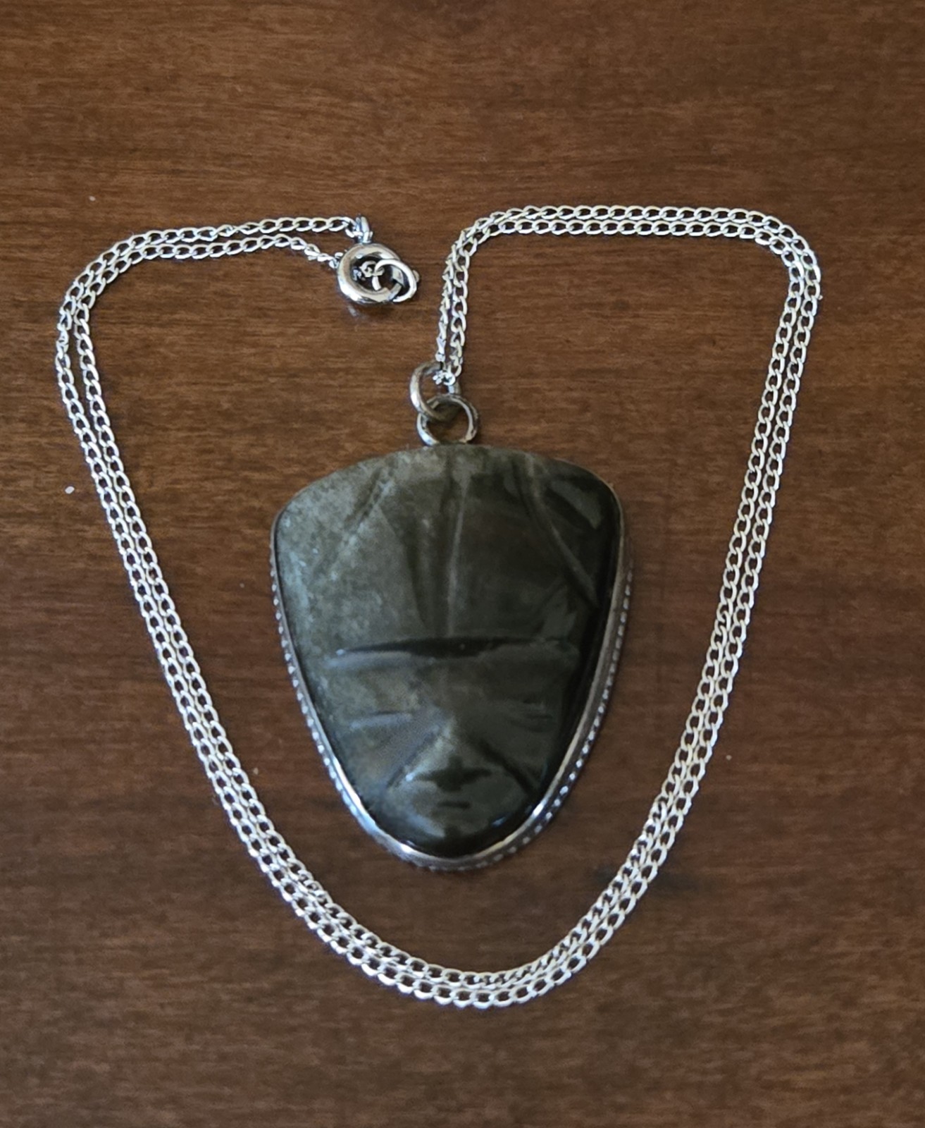 ANTIQUE Black Tiger Eye Carved Tiki Stone w/ Sterling Silver Edging & 18″ Chain