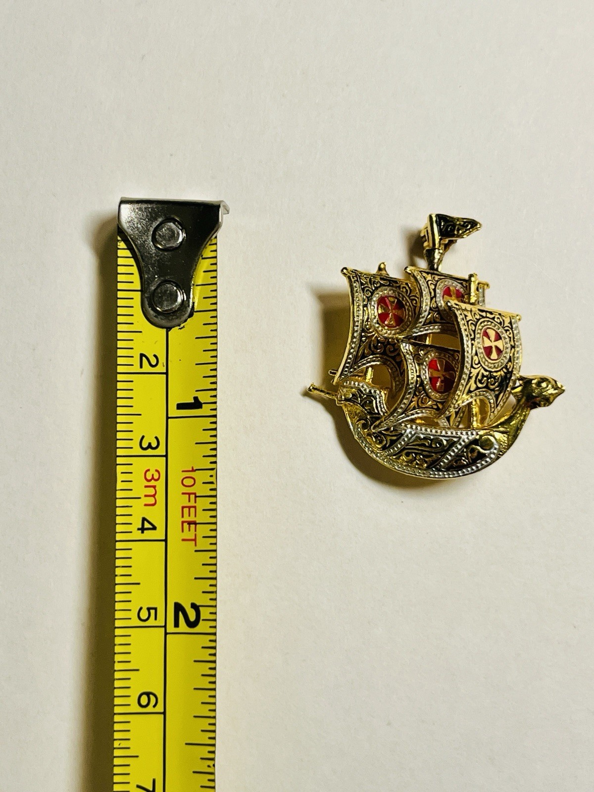 Vintage Spanish Damascene Ship Brooch – Spain – Gold Tone & Red Enamel 1.5”