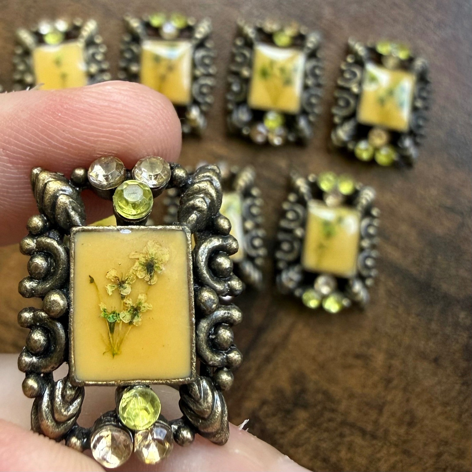 Lot 9 Vintage Ribbon Slide Brooches Dried Pressed Flower Resin Rhinestone