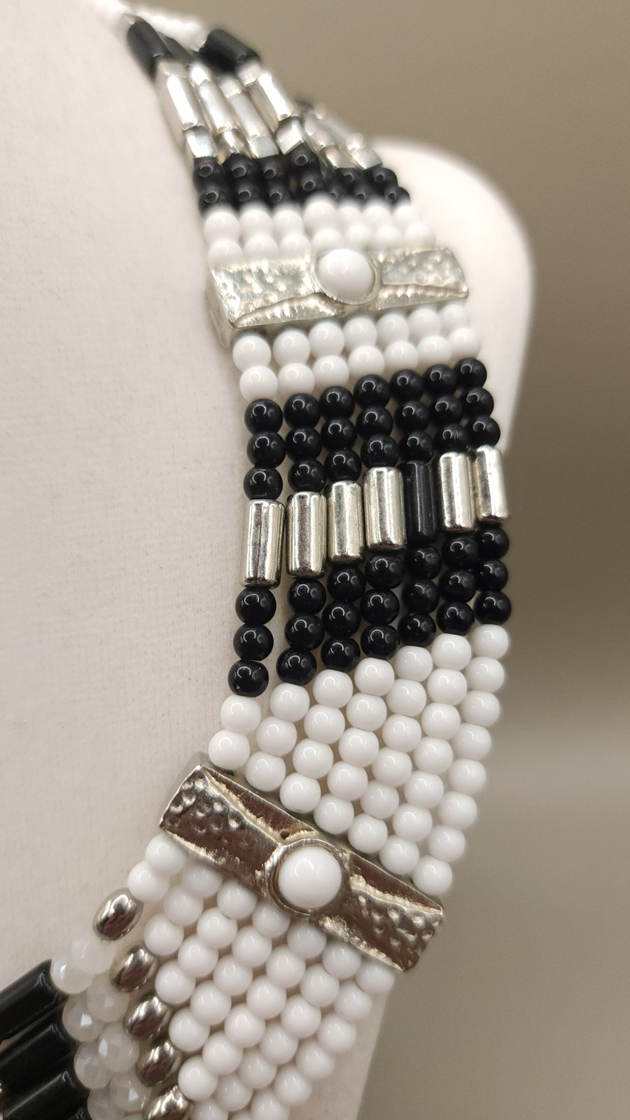 Vintage Black White Beaded Collar Choker Necklace Multi Strand Art Deco 80s 90s
