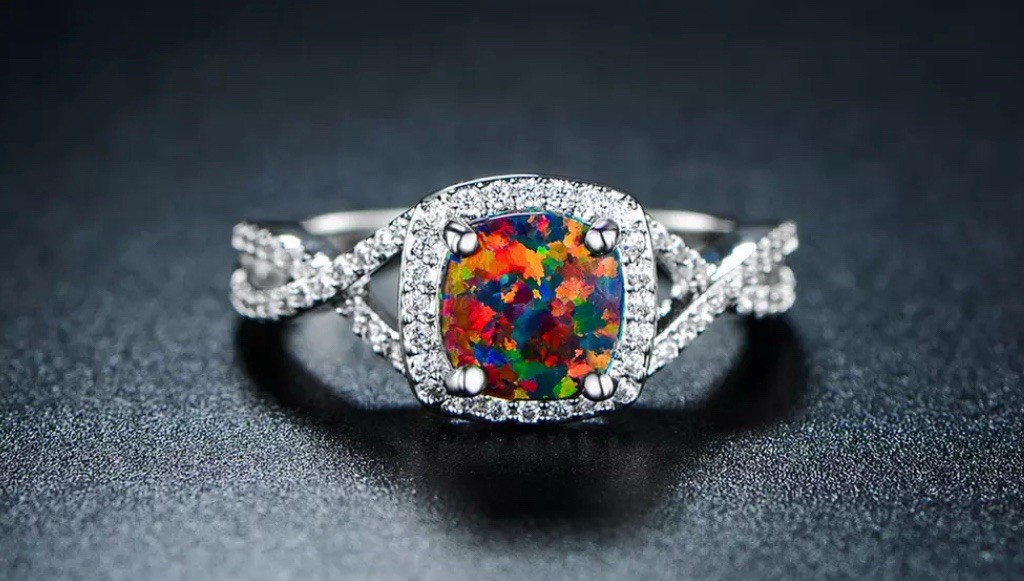 DEAL! FINE RARE Elegant Sterling Silver Black Fire Opal CZ Square Halo Ring 10