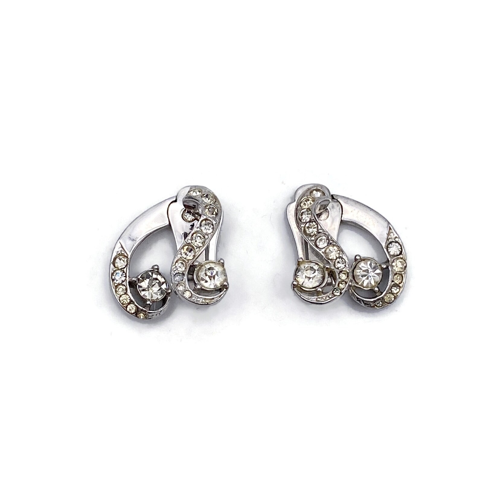 1950s Mid Century Style Silver Tone and Rhinestone Vintage Clip on Earrings.