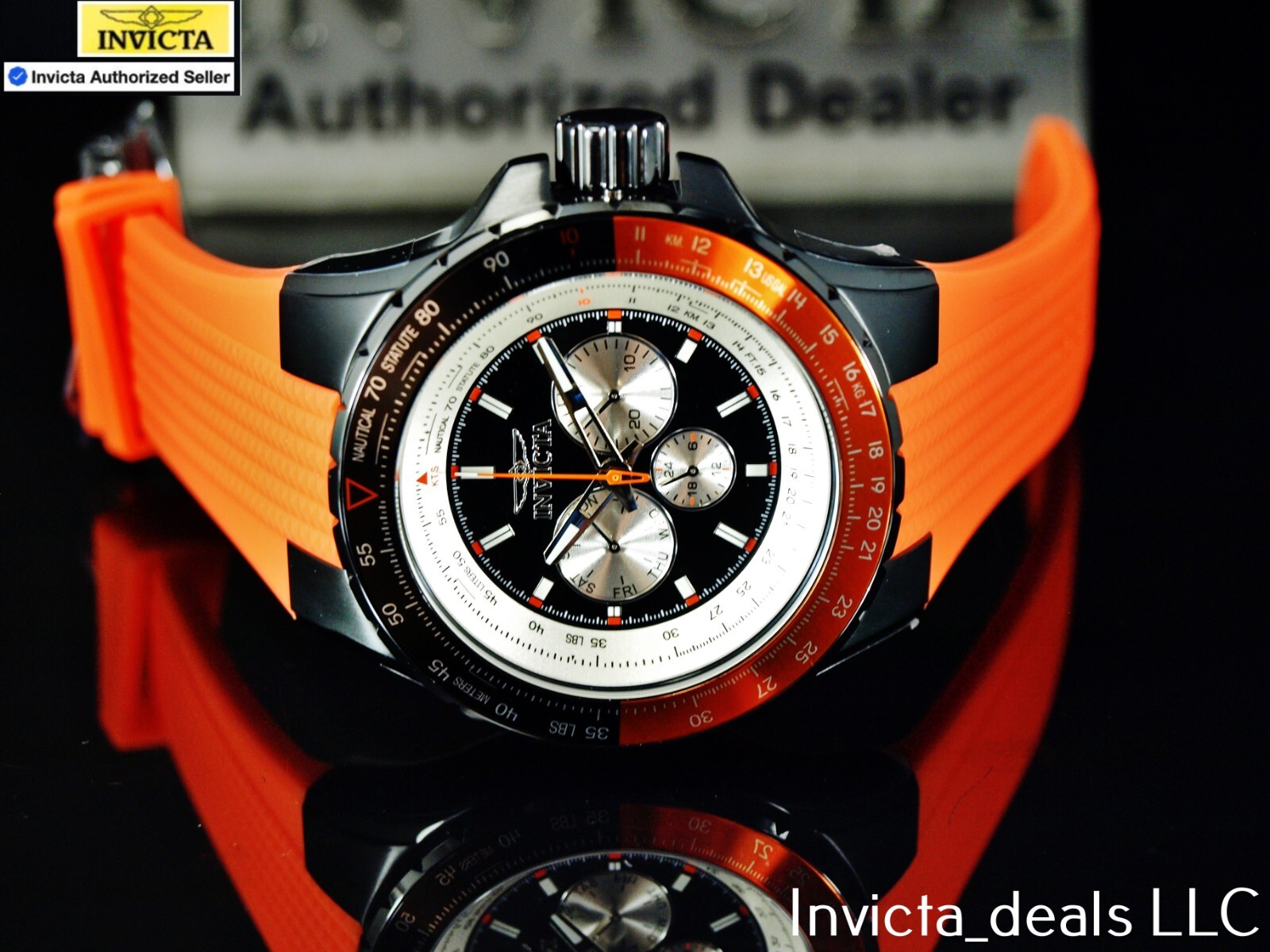 Invicta Men’s 50mm AVIATOR NAUTICAL Series Quartz BLACK DIAL Orange Tone SS Watc