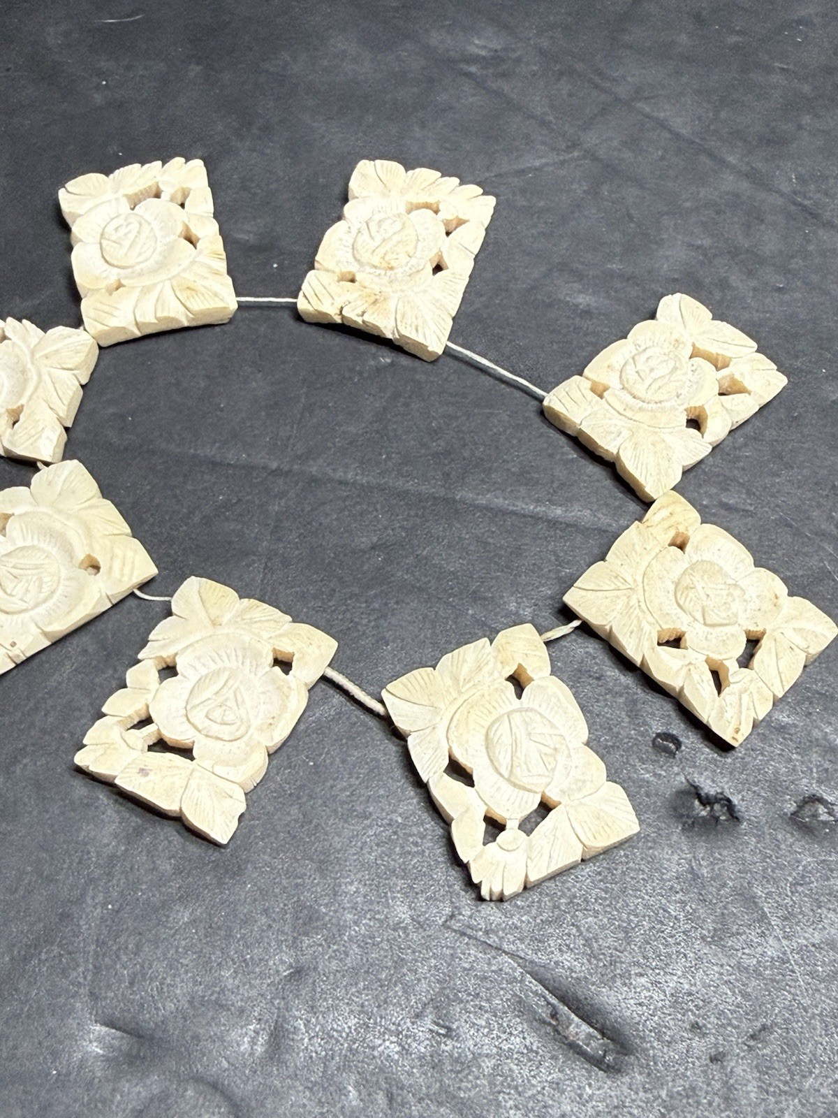 Vintage Hand Carved Bovine Bone Stretch Bracelet 8 Panels 1.25″ Width China