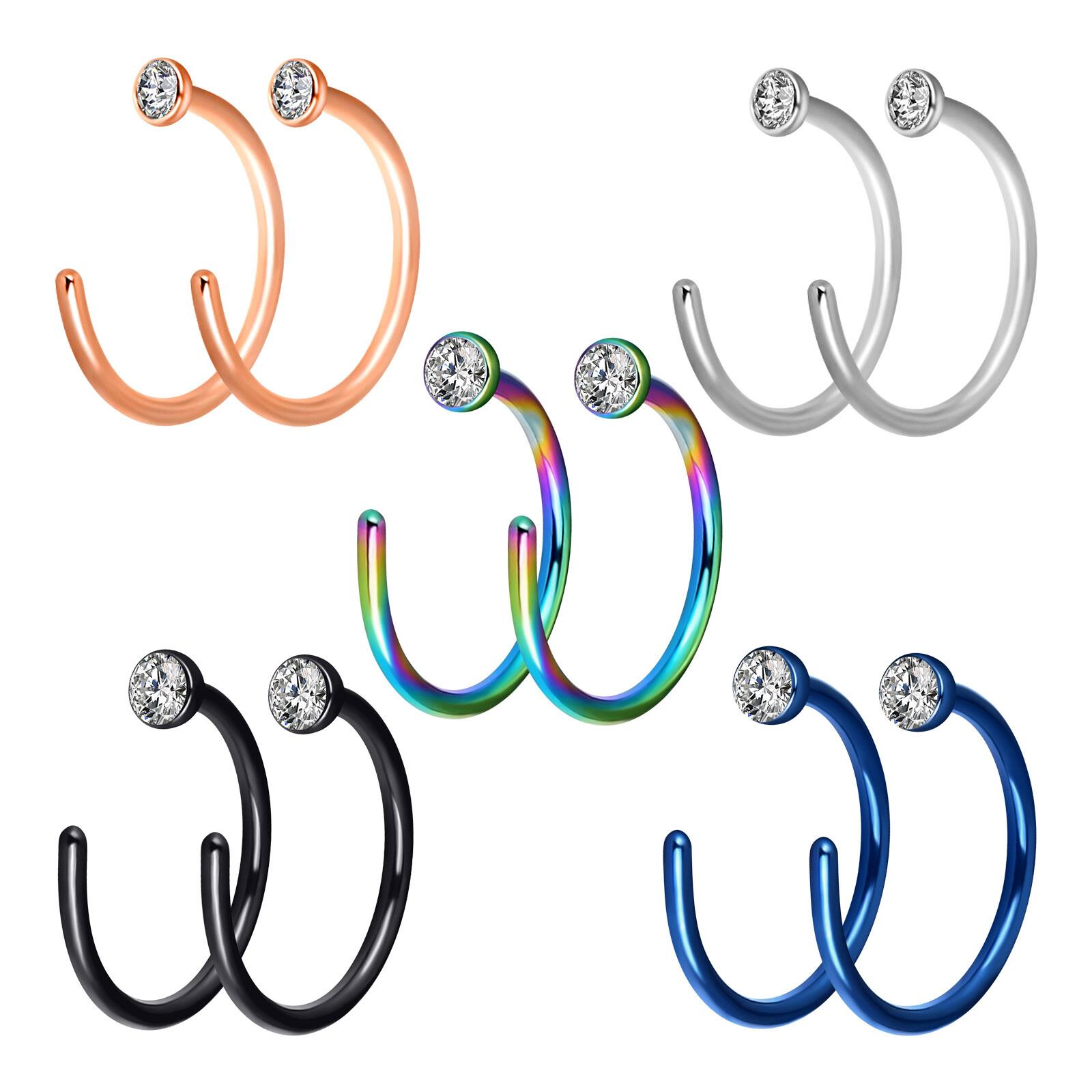 2 Pcs C-Shaped Nose Hoop Ring Lip Ear Stainless Steel Body Piercing Jewelry 20G