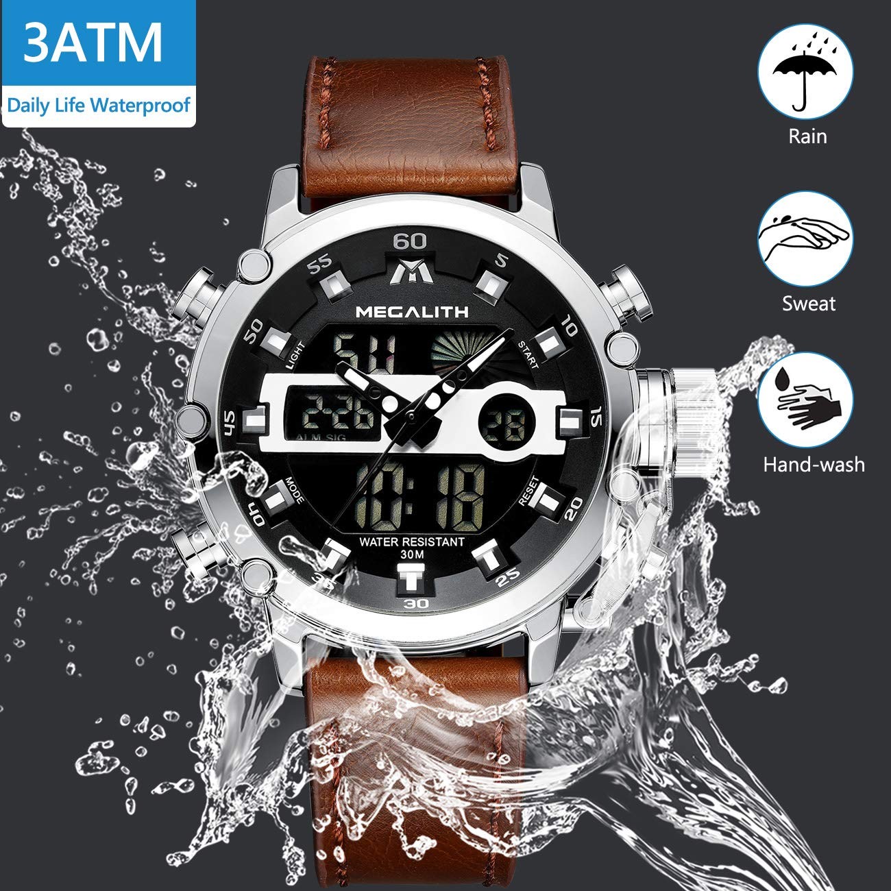 Mens Watches with Leather Waterproof Digital Military Sport Tactical Multifun…
