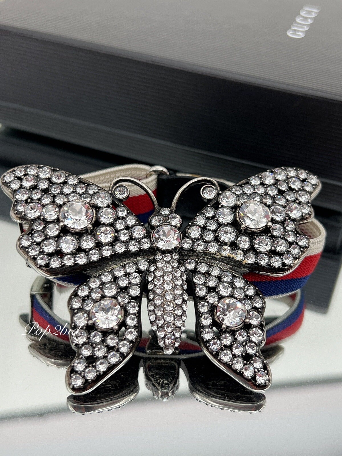 NWT 100% Authentic GUCCI Crystal Butterfly Web Strap Adjustable Bracelet