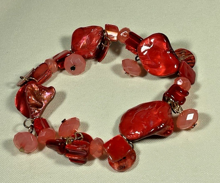 Lot 10 Stretch Bracelets Red Black Silver Tone Beaded Stackable Jewelry Classic