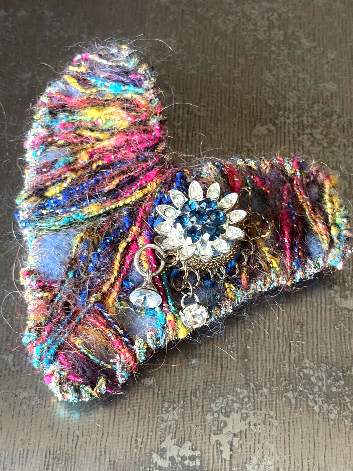 Vintage Handmade Fur Yarn HEART Pin Brooch Flower Rhinestone 3D Red Blue 3.75″