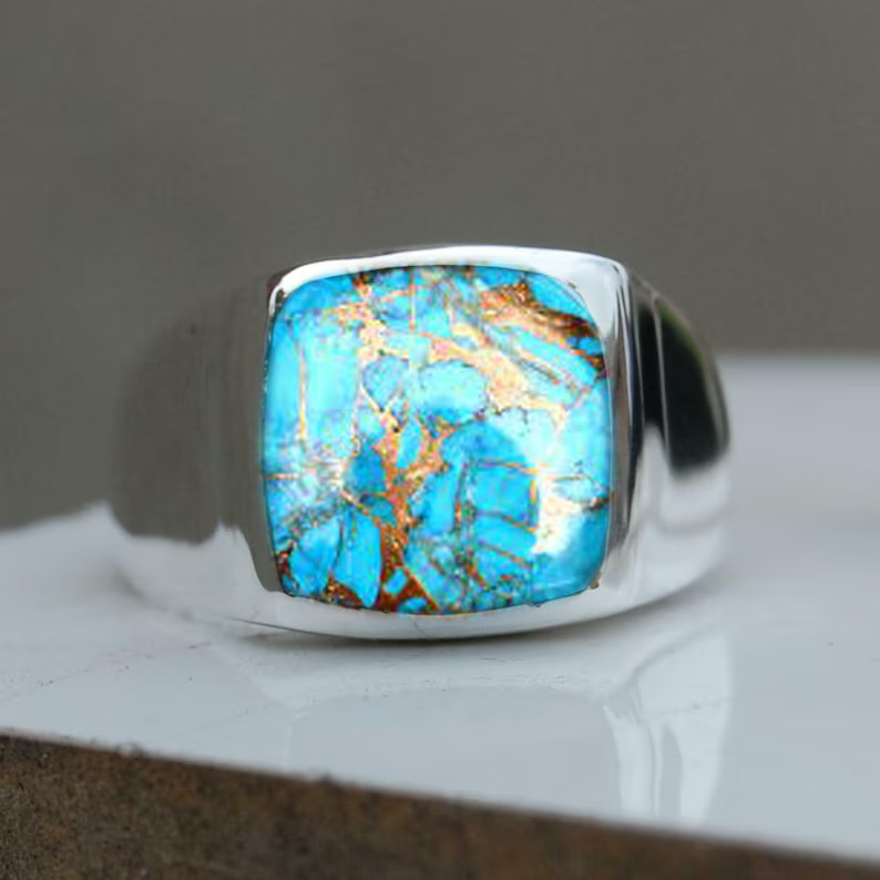 Solid 925 Sterling Silver Natural Copper Turquoise Gemstone Men’s Unisex Ring
