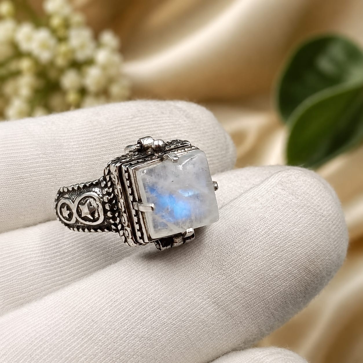 Natural Moonstone Poison Ring | Handmade 925 Sterling Silver Box Ring