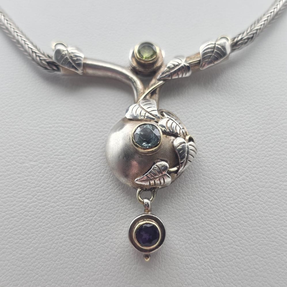 925 Sterling Silver & Gold Accent Multi-Gemstone Leaf & Vine Toggle Necklace
