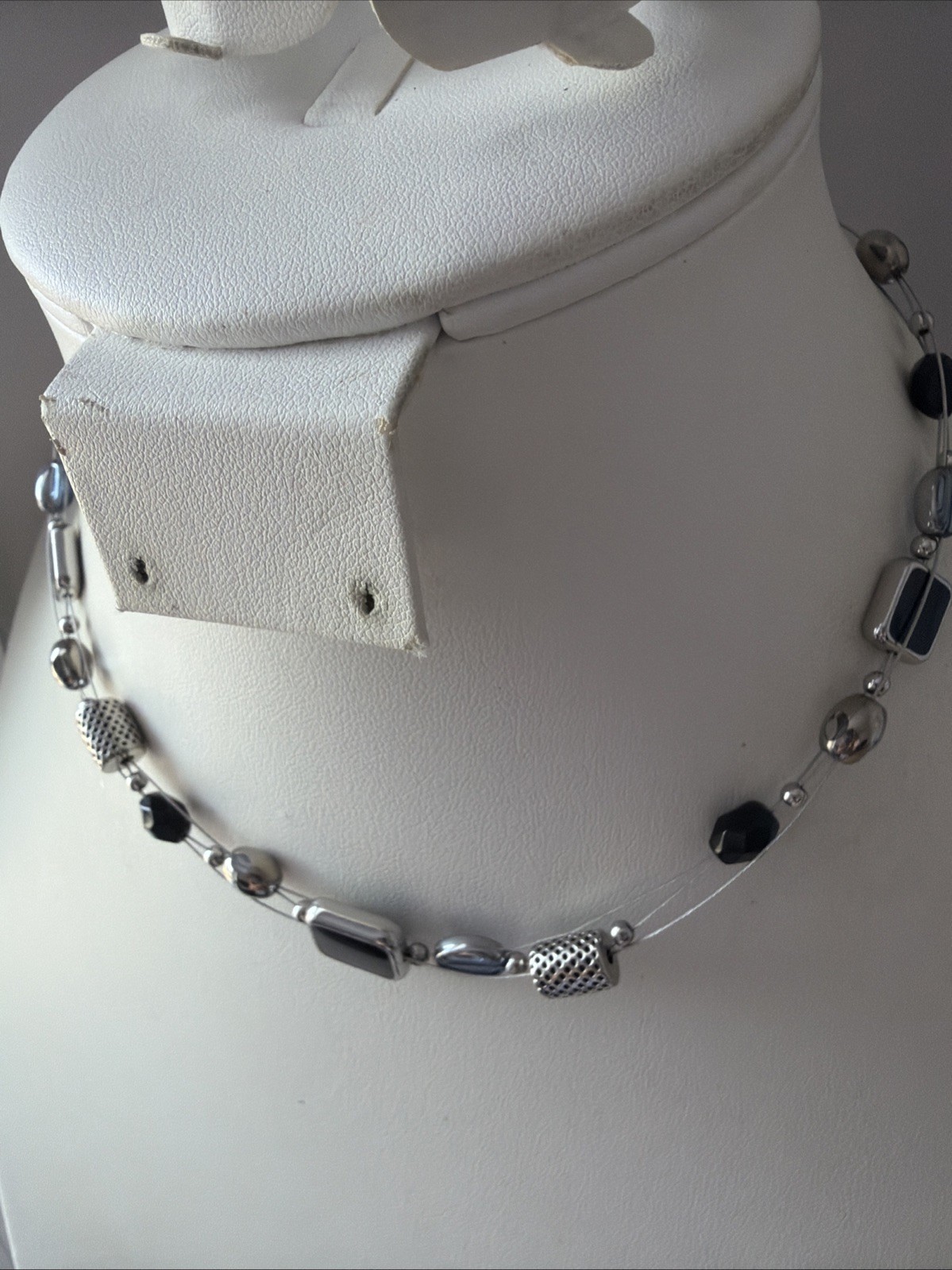 Lia Sophia Silver Tone Necklace/ Illusion Wire/ Geometric Black & Blue Shapes