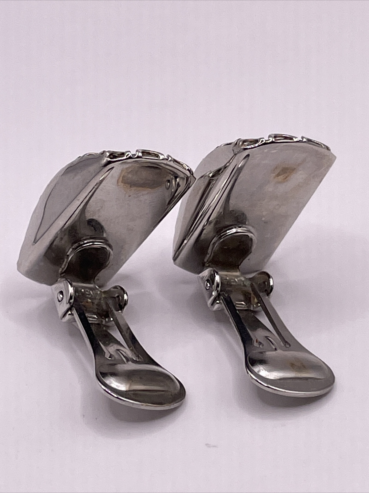 Vintage ALICE Silver Tone Clip On Earrings Brushed Dome Meta Lace MCM AL4.2