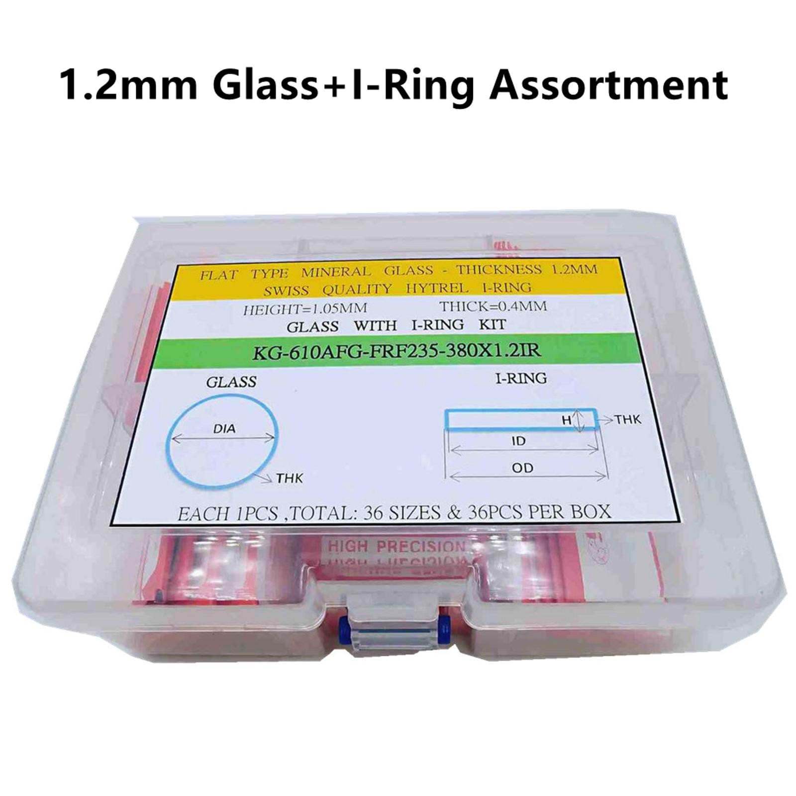 36Set 1.2mm Thick Flat Round Mineral Watch Glass With Waterproof Ring Assortment