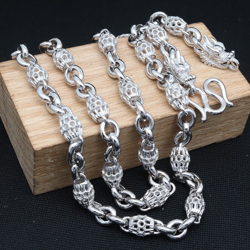 Pure S925 Sterling Silver Chain 6mm Barrel Beads Link Necklace 44-45g 21.6inch