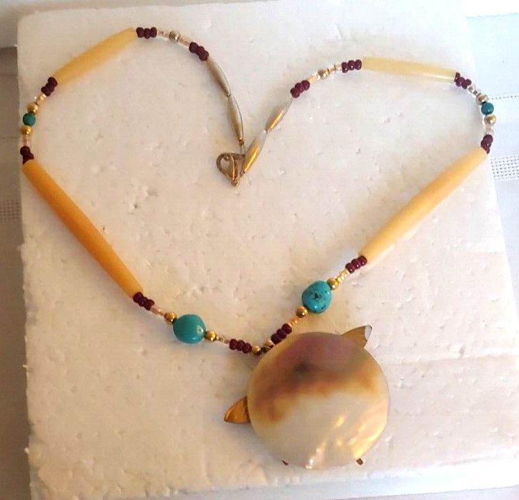 Dragonfly Necklace / Abalone-Brass-Turquoise-Simulated Bone 20”